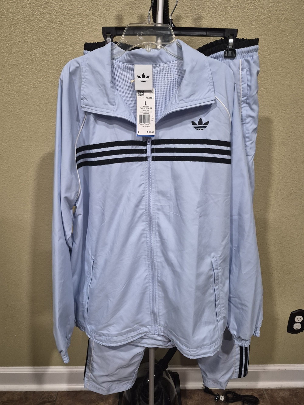 Adidas Men's Light Blue Track Suit with Black Stripes